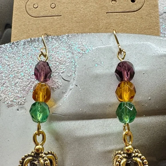 Mardi Gras colored beads & Gold Crown Drop Earrings handcrafted 2/$22 - Picture 5 of 6